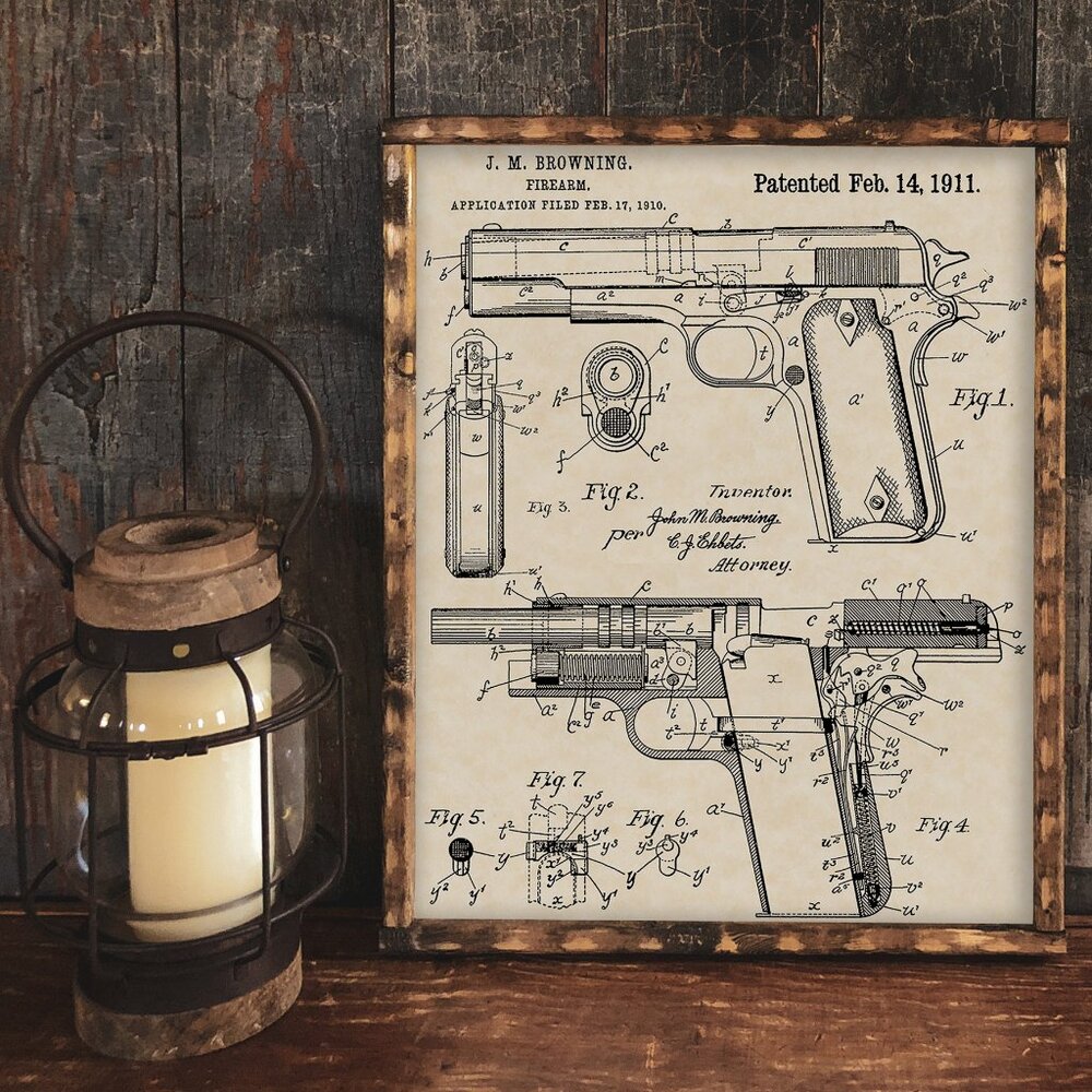 1911 Browning Firearm Patent 16x20 Colt Handgun Gun Print on Custom Parchment PT